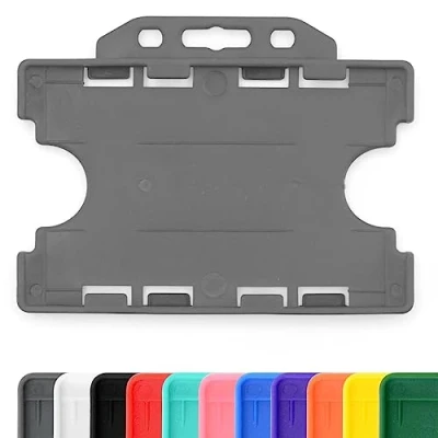 Image of CKB LTD 10x Twin Double Sided Rigid Slide in Open Faced ID Card Badge Holders Horizontal Landscape Dual Identity Plastic Pass Protector Holds Two Cards 86mm 54mm cr80 Credit Sized (Grey)