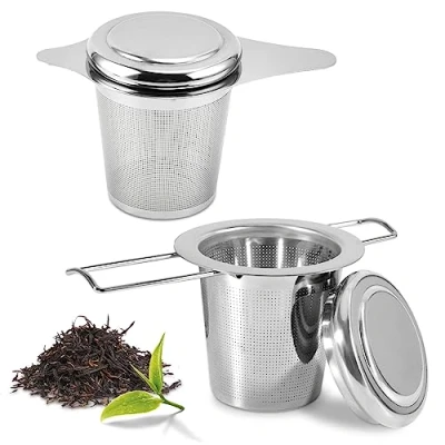 Image of Grehge Tea Strainer for Loose Tea, Stainless Steel Cup, Filter with Lid and Foldable Handles Fine Mesh Dishwasher Safe