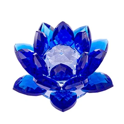 Image of Amlong Crystal 3 Inch Sapphire Blue Lotus Flower Feng Shui Home Decor with Gift Box