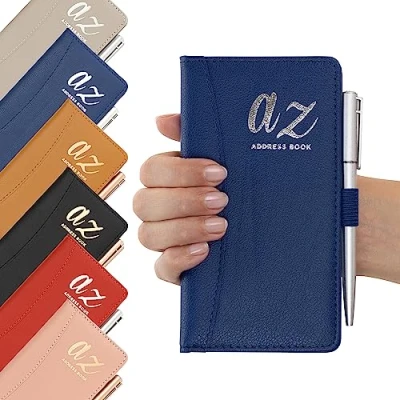 Image of Address Book A Z Blue Index Hard Back Cover Slim &amp; Pen Telephone Alphabetical Tabs (Navy)