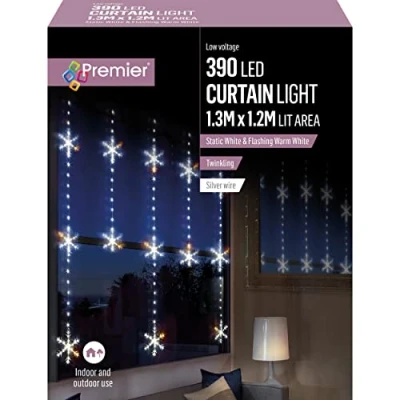 Image of Premier 390 LED 1.2m x 1.3m Static Snowflake Curtain Christmas Lights Decoration in White