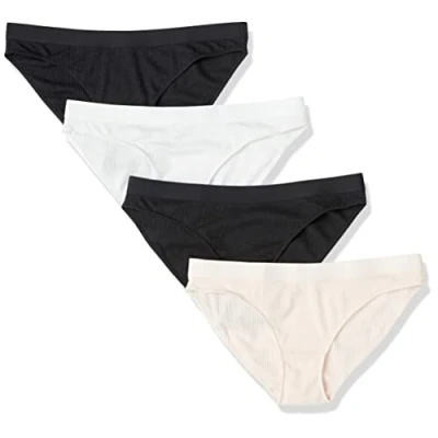 Image of Amazon Essentials Women&#039;s Ribbed Bikini Underwear, Pack of 4, Black/Pale Pink/Bright White, 10