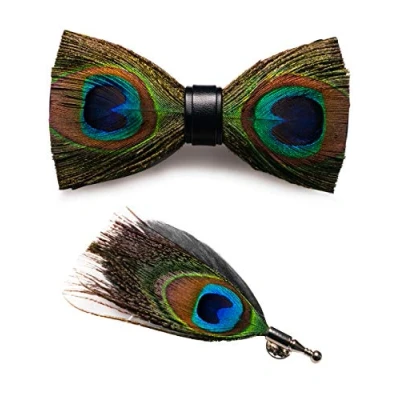 Image of JEMYGINS Feather Bow tie Leather and Brooch Sets for Men(8)