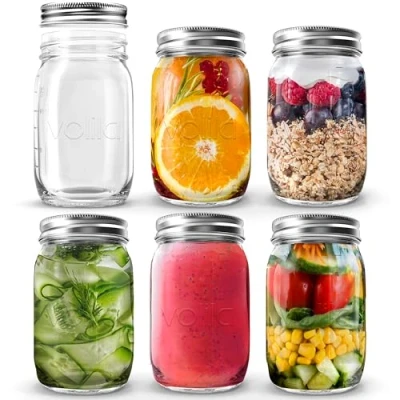 Image of volila Glass Mason Jars with Lids 490ml Leakproof for Airtight Seal, Overnight Oats Round Jar Silver Screw Lid Salad, Pickling, and Canning (6 Pack)