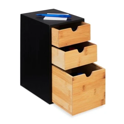 Image of Relaxdays, Bamboo, 3 Drawers, HxWxD: 28 x 17 21.5 cm, Desk Organiser, Office &amp; Home, Natural/Black, cm