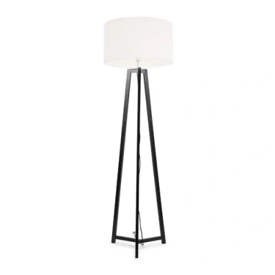 Image of Black Wood Tripod Floor Lamp with Cream Boucle Drum Lampshade Living Room Light LED Bulb Included