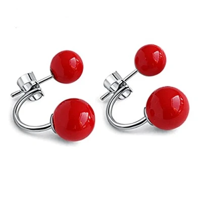 Image of YAXUN 925 Sterling Silver Red Earrings For Women Double Coral Pearl Stud Fashion Jewellery Ladies Girls