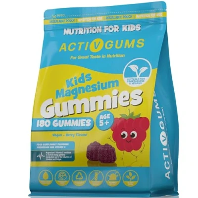 Image of Kids Magnesium 180 Vegan Gummies. Resealable &amp; Recyclable Pouch. Citrate 1250mg + Vitamin C 80mg. Support Bones, Immune, Energy and Cognition. Suitable for Ages 5+ by ActivGums®