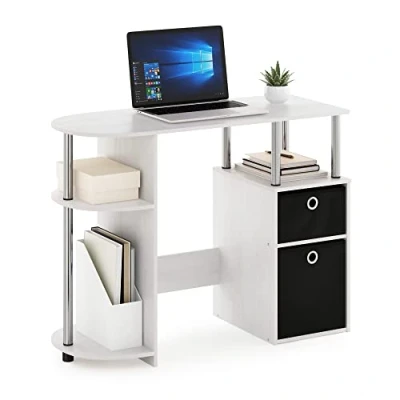 Image of Furinno Computer Study Desk with Bin Drawers, White Oak/Stainless Steel/Black, 39.62 (D) x 97.54 (W) 72.39 (H) cm