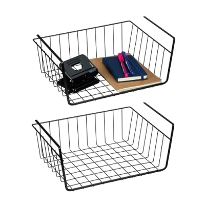 Image of Relaxdays Hanging Basket, Set of 2, for Cupboard, Shelf and Desk, Iron Wire, HWD: 15 x 34 25.5 cm, Black