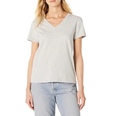 Image of Amazon Essentials Women&#039;s Regular Fit 100% Cotton Short Sleeve V Neck T Shirt, Light Grey Heather, XL