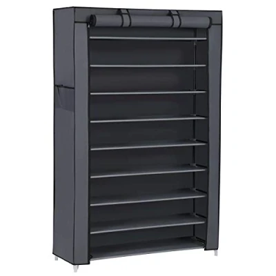 Image of SONGMICS 10 Tier Shoes Rack with Dustproof Cover, 28 x 88 160 cm, Shoe Storage Cabinet, Organiser, Stand Holds 40 50 Pairs of Shoes, for Living Room, Hallway, Grey RXJ36G