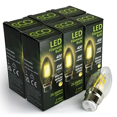 Image of ECO 40W Dimmable Energy Saving Candle Light Bulb, Low Power 4W Vintage Style LED Filaments, 400 Lumen, Clear Glass, Warm White (2700K), B22 Large Bayonet Fitting, 25000Hrs Lifetime. (6xPACK)