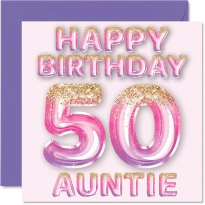 Image of 50th Birthday Card for Auntie Pink &amp; Purple Glitter Balloons Happy Cards 50 Year Old Aunt Aunty from Nephew Niece, 145mm x Bday Greeting Gift