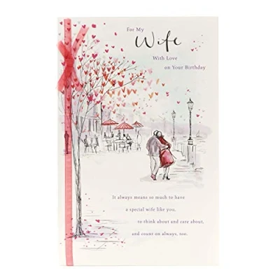 Image of Wife Birthday Card, Card from Husband to Wife, for Her with Sentimental Verse, Illustrated Ribbon