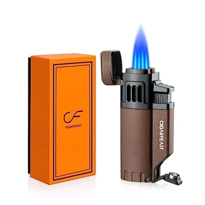 Image of 4 Jet Flame Cigar Torch Lighters with stand Butane Refillable Lighter Punch for Men Without Gas (Coffee)