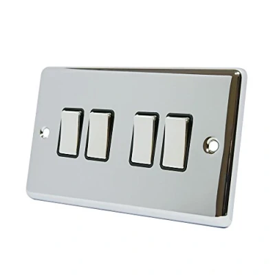 Image of AET CPC4GSWIBC Polished Chrome Classical Black Insert Metal Rocker Switches 10 Amp 4 Gang 2 Way Light Switch, 240 V