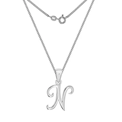 Image of Tuscany Silver Women&#039;s Sterling Rhodium Plated Diamond Initial &#039;N&#039; Pendant on Curb Chain of 46cm/18&quot;