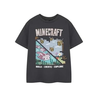 Image of Minecraft Girls Bees Axolotl Charcoal Graphic Tee Build Create Explore Game Crew Neck Top Plain Short Sleeve Pull On Casual Wear Shirt