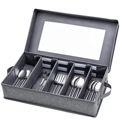 Image of Silverware Storage Box Chest, Flatware Case, Utensil Holder with Removable Lid and Adjustable Dividers for Organizing Utensils, Cutlery, Flatware, Knives, Large Capacity Gray