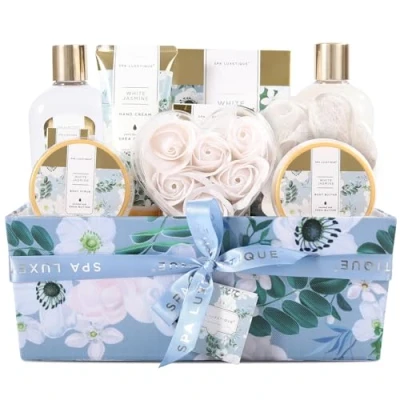 Image of Presents for Women Spa Luxetique Gift Set,12pcs Jasmine Bath Set with Essential Oil,Bubble Bath,Body Lotion,Pamper Hampers Sets Mum Birthday Christmas Ideas