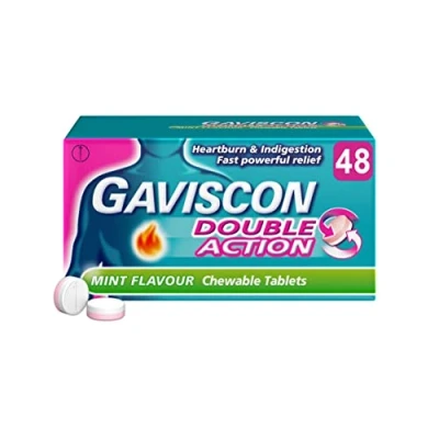 Image of Gaviscon Double Action Tablets, Mint Flavour, 48 Indigestion and Heartburn Relief, Acid Reflux Antacid Gets To Work Instantly, Lasts 2X Longer, Antacids