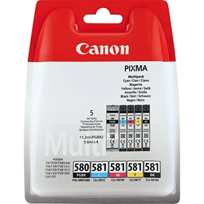 Image of Canon PGI 580 CLI 581 BK C M Y PGBK Pack of 5 cartridges (Black Cyan Magenta Yellow Office Black Colour) Genuine (Plastic Pack)