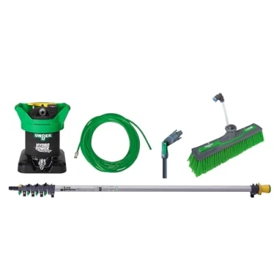 Image of Unger Pure Starter Kit for Glass and Window Cleaning Hydropower Ultra 6m Telescopic Pole, 20m Hose Pipe, Fed Angle Brush 30 Percent More Water, Aluminium, Green, 40 cm