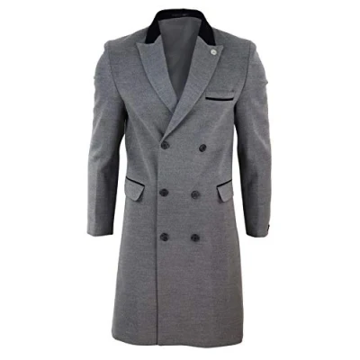 Image of TruClothing Mens 3/4 Long Double Breasted Overcoat Jacket Wool Coat Black