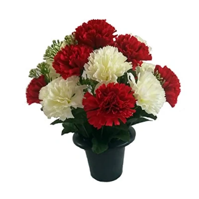 Image of Permabloom ARTIFICIAL CARNATION GRAVE POT WITH 16 FLOWERS VASE INSERT MEMORIAL (Red)