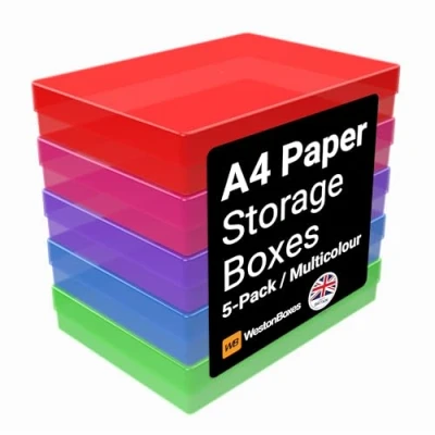 Image of WestonBoxes A4 Colourful Transparent Plastic Craft Storage Boxes with Lids for Art Supplies, Paper and Card (Multicoloured/Transparent, Pack of 5)