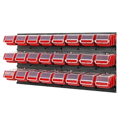 Image of Storage System, Stacking Boxes with Lid, Wall Shelf, 772 x 390 cm, Pack of 24 Boxes, Tool Wall, Workshop Chute Rack, Red