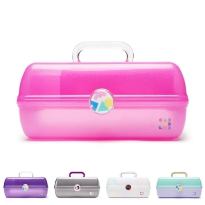 Image of Caboodles On The Go Girl Makeup Box, Hot Pink Sparkle, Hard Plastic Organizer Built in Mirror, Secure Latch for Safe Travel, Spacious Storage Large Items