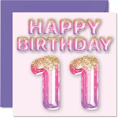 Image of 11th Birthday Card for Girls Pink &amp; Purple Glitter Balloons Happy Cards 11 Year Old Girl Daughter Sister Granddaughter Cousin, 145mm x Eleven Eleventh Bday Greeting Gift