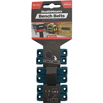 Image of StealthMounts Bench Belt Universal Tool Holder Holster Set 6 Pack Perfect Hanger Storage Dock for Power Tools, Tape Measures and Clips (Blue)