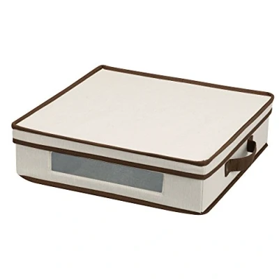Image of Household Essentials Vision Window Charger Plate Storage Chest, Natural Canvas with Brown Trim
