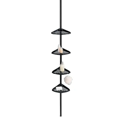 Image of Allstar Telescopic Shelf Opal Extendable Shower for Clamping No Drilling &amp; Residue with Hooks, Height Adjustable from 85 250 cm, Painted Metal, Black
