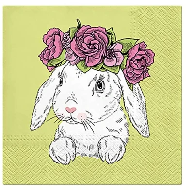 Image of 3Ply Flowery Tissue Paper Napkins Serviettes 33cm x Pack of 20 (Bunny in Wreath)