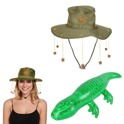 Image of Lizzy Adult Australian Cork Hat with Inflatable Crocodile (90cm) for Australia Day Hunter Man Dundee Fancy Style Dress Party Accessories