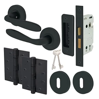 Image of EAI Sassari Sash Lock Door Handle Kit 66mm &amp; 102mm Hinge Matt Black