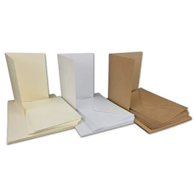 Image of Kraft Paper Cards, Mixed Set, DIN Long &amp; Square, Including Envelopes, Recycling Invitation Cards in Natural Brown 3 x 15 Sets Weiss Creme A6 / C6