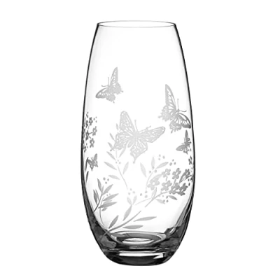 Image of DIAMANTE &#039;Butterfly&#039; Vase Hand Etched Butterfly Wild Flowers Floral Pattern Barrel 25cm Clear