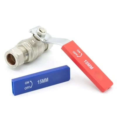 Image of 15mm Lever Isolation Valve ISO Compression Fitting Full Bore Water Shut Off with Dual Blue Red Handle Cover WRAS Approved Stop Tap Plumbing Fittings Hot Cold Heating