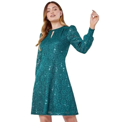 Image of Roman Originals Women Lace Sparkle Swing Dress Ladies Spring Holiday Summer Long Sleeves Vacation Evening Smart Casual Work Round Neck Green Size 8