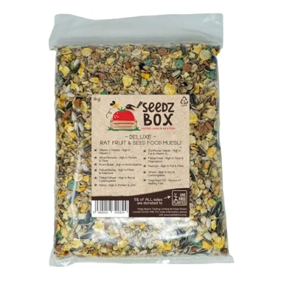 Image of Deluxe Rat &amp; Mouse Food 1kg Fruity Seed Nut Muesli Feed Including Banana Apple Sunflower Seeds Peanuts Barley Vitamin C Fancy, Dumbo, Rex, Hairless, Hooded, Manx Satin Rats Seedzbox