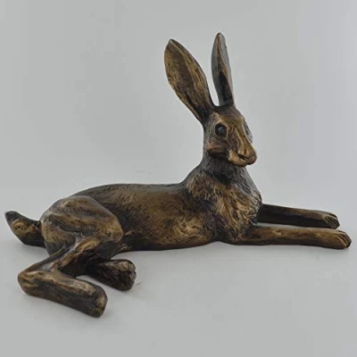 Image of Prezents.com Lying Down Bronze Effect Hare Sculpture Bluebell by Harriet Glen Home Decor Country Gifts H12cm