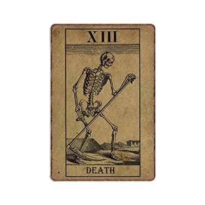 Image of Dreacoss Death Tarot Card Tin Signs, Occult Retro Funny Metal Sign Vintage Poster Wall Art for Kitchen Garden Bathroom Farm Home Coffee Decor Sign, 8x12 inches