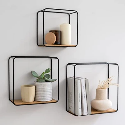 Image of Kazai. Wall Shelves Jona 3 Part Shelving Unit made of Metal and Real Wood Veneer Decor, Storage Book Shelf for Bathroom, Living Room, Kitchen, Bedroom More Oak