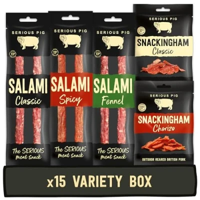 Image of SERIOUS PIG Charcuterie Selection British Cured Ham, Salami, Saucisson High Protein Snacks, Gluten Free (15 Packs)