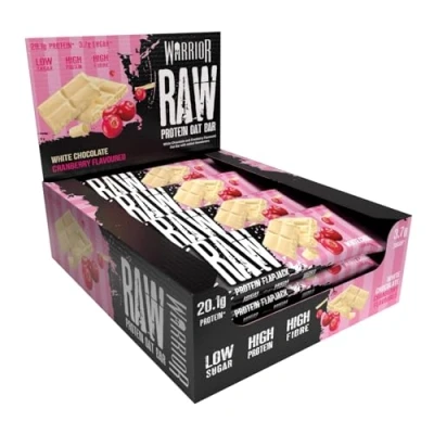 Image of Warrior Raw Protein Flapjacks 12 Bars x 75g Each Packed with 20g of Low Sugar, High in Fibre (White Chocolate Cranberry)